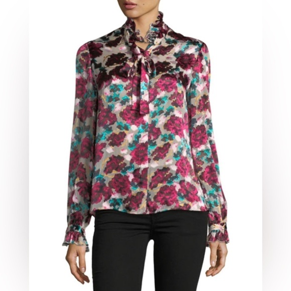 Saloni Emile Floral-Print Button-Front Silk Top 🌺 size 2 - Picture 6 of 10